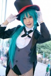 aqua_hair bodysuit chii cosplay dress_shirt fishnet_pantyhose gloves hatsune_miku leotard pantyhose project_diva top_hat tuxedo_jacket vest vocaloid rating:Safe score:0 user:nil!