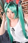aqua_hair bed blouse cosplay hairbows hatsune_miku miniskirt noa skirt twintails vocaloid world_is_mine_(vocaloid) rating:Safe score:0 user:nil!