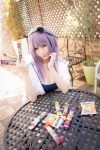 atsuki cleavage cosplay dagashi_biyori dagashi_kashi hairband hoodie one-piece_swimsuit purple_hair shidare_hotaru swimsuit rating:Safe score:1 user:nil!