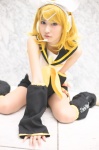 blonde_hair blouse cosplay detached_sleeves hairbow headset hiokichi kagamine_rin leggings pantyhose scarf shorts vocaloid rating:Safe score:1 user:pixymisa