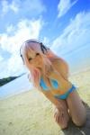 animal_ears beach bikini cleavage cosplay headphones nitro_super_sonic ocean pink_hair saku side-tie_bikini super_soniko swimsuit rating:Safe score:2 user:nil!