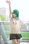 blouse cosplay green_hair gumi pleated_skirt school_uniform skirt sweater_vest tagme_song thighhighs uzuki_rin vocaloid zettai_ryouiki rating:Safe score:2 user:nil!