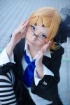 blazer blonde_hair blouse blue_eyes cosplay glare_(vocaloid) glasses hair_clips kagamine_rin looking_over_glasses mineo_kana miniskirt skirt striped thighhighs tie vocaloid rating:Safe score:2 user:pixymisa