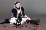 cosplay feathers kneehighs rose_petals rozen_maiden ruffles silver_hair suigintou suzukaze_yuuki rating:Safe score:1 user:nil!