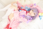 amatsuka_miyu bed blouse cosplay night_cap open_clothes patchouli_knowledge pleated_skirt purple_hair robe skirt thighhighs touhou zettai_ryouiki rating:Safe score:3 user:nil!