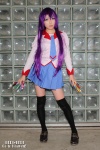 bakemonogatari blouse cosplay pleated_skirt purple_hair school_uniform senjougahara_hitagi skirt thighhighs yuni zettai_ryouiki rating:Safe score:3 user:nil!