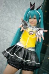 aqua_hair blouse cosplay fingerless_gloves gloves hairbows hatsune_miku headphones maitako miniskirt pettipants pleated_skirt skirt twintails vocaloid rating:Safe score:1 user:pixymisa