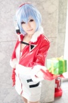 aoi_erito ayanami_rei blue_hair cosplay dress gloves headset jacket neon_genesis_evangelion red_eyes santa_costume rating:Safe score:0 user:pixymisa