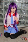 bakemonogatari blouse cosplay pleated_skirt purple_hair school_uniform senjougahara_hitagi skirt thighhighs yuni zettai_ryouiki rating:Safe score:2 user:nil!