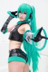 aira aqua_hair cosplay croptop elbow_gloves gloves hair_ribbon hatsune_miku headset project_diva shorts sleeveless twintails vocaloid rating:Safe score:3 user:pixymisa