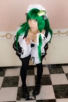 apron bathroom cleavage cosplay dress garter_belt green_hair hairband kochiya_sanae lenfried maid maid_uniform stuffed_animal thighhighs touhou rating:Safe score:0 user:nil!