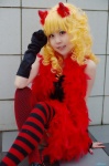 blonde_hair camisole cosplay elbow_gloves feather_boa fishnet_stockings gloves horns original reki shorts striped thighhighs rating:Safe score:0 user:nil!