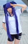 bike_shorts cosplay hair_ribbons little_busters! purple_hair ruri_(ii) sasasegawa_sasami shorts tshirt twintails rating:Safe score:0 user:pixymisa