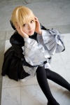 blonde_hair corset cosplay dress fate/series fate/stay_night hairbow ruffles saber saya thighhighs rating:Safe score:2 user:nil!