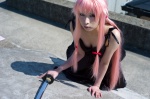 cleavage cosplay dress gasai_yuno kanda_midori katana mirai_nikki pink_hair sword twintails rating:Safe score:4 user:nil!