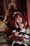 airi apron bed cleavage cosplay dress hairband happa_kyoukan_to_pantsu_meido maid maid_uniform panties queen's_blade red_hair saku thighhighs twintails rating:Safe score:0 user:nil!
