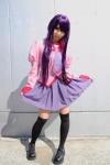 akihabara_azunyan bakemonogatari cosplay pleated_skirt purple_hair school_uniform senjougahara_hitagi skirt thighhighs tie zettai_ryouiki rating:Safe score:1 user:pixymisa