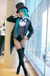 aqua_hair bodysuit chii cosplay dress_shirt fishnet_pantyhose hatsune_miku leotard pantyhose project_diva thighhighs top_hat tuxedo_jacket vest vocaloid rating:Safe score:1 user:nil!