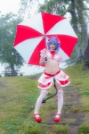blouse blue_hair bonnet bow cosplay croptop half_skirt_open_front lenfried rain remilia_scarlet tail_plug thighhighs touhou umbrella wings rating:Questionable score:1 user:nil!