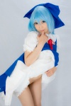 blouse blue_hair bottomless cirno cosplay dress_lift hairbow jumper lenfried socks touhou rating:Questionable score:1 user:nil!