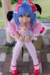 blouse blue_hair bonnet bow cosplay croptop half_skirt_open_front lenfried remilia_scarlet tail_plug thighhighs touhou wings rating:Safe score:1 user:nil!