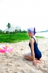 ass ayane_(doa) beach cosplay dead_or_alive headband ocean one-piece_swimsuit purple_hair school_swimsuit swimsuit tachibana_minami rating:Safe score:0 user:nil!