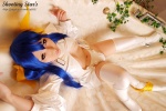 bathroom bathtub blue_hair boots choker cleavage cosplay dizzy guilty_gear hairbows hitori_gokko monokini one-piece_swimsuit saku swimsuit tail thighhighs underboob wings rating:Safe score:1 user:nil!