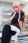 black_legwear blouse cosplay familymart hairband megurine_luka pantyhose pink_hair skirt tie vocaloid yu rating:Safe score:2 user:nil!