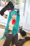 animal_ears aqua_hair blouse cat_ears cosplay ear_muffs gloves hatsune_miku miiko project_diva suspenders trousers twintails vocaloid rating:Safe score:0 user:nil!