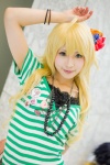 blonde_hair blouse cosplay flower green_eyes hoshii_miki idolmaster necklace striped wristband yumeo rating:Safe score:0 user:pixymisa