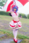 blouse blue_hair bonnet bow cosplay croptop half_skirt_open_front lenfried rain remilia_scarlet tail tail_plug thighhighs touhou umbrella wings rating:Safe score:2 user:nil!