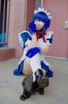 apron blue_hair boots cosplay dress eyepatch gloves handcuffs ikkitousen maid maid_uniform pantyhose ryomou_shimei ryuuna thighhighs zettai_ryouiki rating:Safe score:2 user:nil!