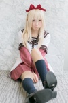 blonde_hair blue_eyes cosplay dress hairbow hiokichi jacket kneesocks school_uniform slip toshino_kyoko yuruyuri rating:Safe score:0 user:pixymisa