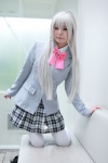 blazer blouse bowtie cosplay green_eyes haiyore!_nyaruko-san maitako nyaruko pleated_skirt skirt thighhighs white_hair rating:Safe score:0 user:pixymisa