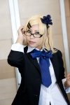 blazer blonde_hair blouse cosplay glare_(vocaloid) glasses hair_clips kagamine_rin looking_over_glasses tie vocaloid yapa rating:Safe score:0 user:pixymisa