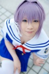 clannad cleavage cosplay fujibayashi_ryou jumper purple_hair ryuuna sailor_uniform school_uniform thighhighs zettai_ryouiki rating:Safe score:0 user:nil!