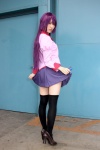 asakura_hina bakemonogatari black_legwear blouse cosplay pantyhose pleated_skirt purple_hair senjougahara_hitagi sheer_legwear skirt skirt_lift thighhighs tie zettai_ryouiki rating:Safe score:0 user:pixymisa