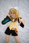 blouse cosplay detached_sleeves hairbow hair_clips headset hiokichi kagamine_rin pantyhose sheer_legwear shorts vocaloid rating:Safe score:0 user:nil!