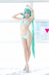 aqua_hair bikini cosplay hatsune_miku headset hisame_chirumi pantyhose project_diva striped swimsuit twintails vocaloid rating:Safe score:5 user:nil!