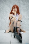 armband black_legwear blouse blue_eyes boots cosplay maitako makise_kurisu pantyhose red_hair shorts steins;gate sweater tie rating:Safe score:3 user:pixymisa