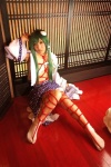 blouse bound cosplay detached_sleeves green_hair hanamura_misaki kochiya_sanae miko open_clothes rope skirt socks touhou touhou_kinbauchou rating:Safe score:0 user:nil!