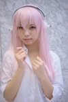 blouse cosplay headphones hiiragi_haruka nitro_super_sonic pink_eyes pink_hair super_soniko rating:Safe score:0 user:nil!