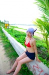 ayane_(doa) beach bikini_top cleavage cosplay dead_or_alive denim headband ocean purple_hair shorts swimsuit tachibana_minami rating:Safe score:0 user:nil!