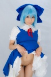 blouse blue_hair bottomless cirno cosplay dress_lift hairbow jumper lenfried socks touhou rating:Questionable score:3 user:nil!