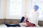 ayanami_rei bathroom blouse blue_hair bra cleavage cosplay kneesocks neon_genesis_evangelion open_clothes pleated_skirt rebuild_of_evangelion school_uniform skirt tatsuki_(ii) rating:Safe score:3 user:nil!