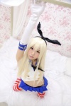 bed blonde_hair cosplay croptop elbow_gloves gloves hairbow itsuki_akira kantai_collection panties pleated_skirt red_legwear sailor_uniform school_uniform shimakaze_(kantai_collection) skirt striped_legwear thighhighs white_legwear zettai_ryouiki rating:Safe score:1 user:nil!