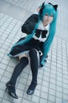 aqua_hair cosplay detached_sleeves dress hairbows hatsune_miku headset project_diva thighhighs twintails vocaloid yoppy zettai_ryouiki rating:Safe score:2 user:nil!