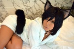 animal_ears bed black_cat_party cat_ears collar cosplay hoodie non original shorts tail rating:Safe score:1 user:nil!