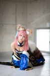 animal_ears caster cleavage collar cosplay detached_sleeves dress fate/extra fate/series fox_ears fox_tail pink_hair seri skirt_train thighhighs yellow_eyes rating:Safe score:0 user:pixymisa