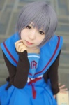 cardigan cosplay nagato_yuki onagi_mayu pleated_skirt purple_hair sailor_uniform school_uniform skirt suzumiya_haruhi_no_yuuutsu rating:Safe score:0 user:nil!